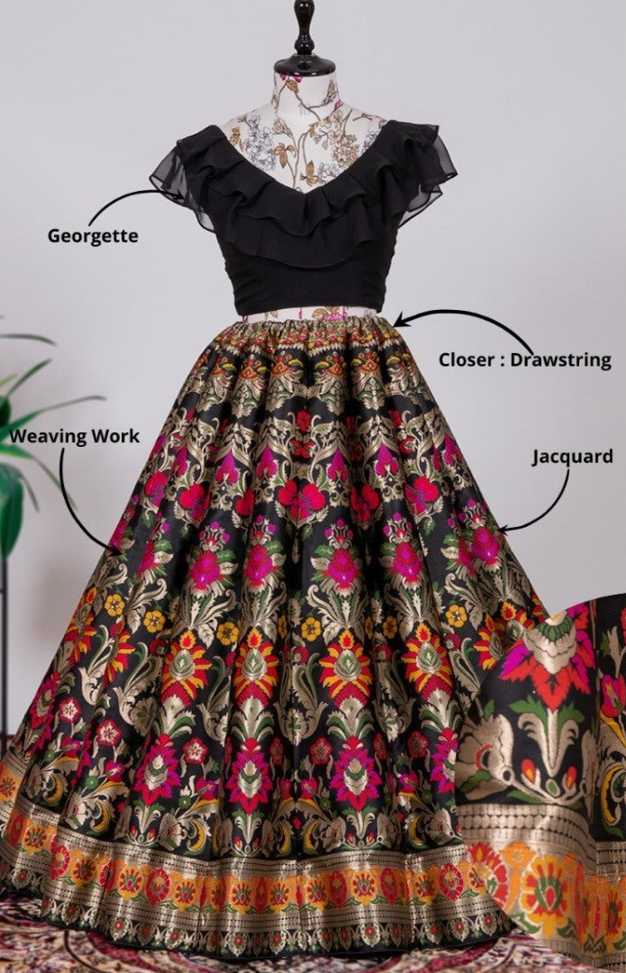 Black jacquard silk heavy floral weaving work crop top lehenga