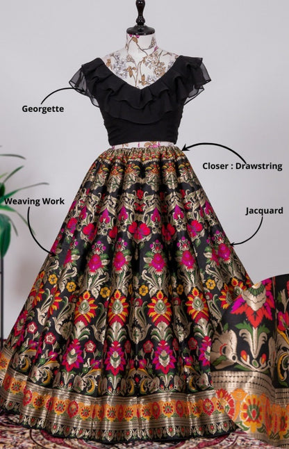Black jacquard silk heavy floral weaving work crop top lehenga