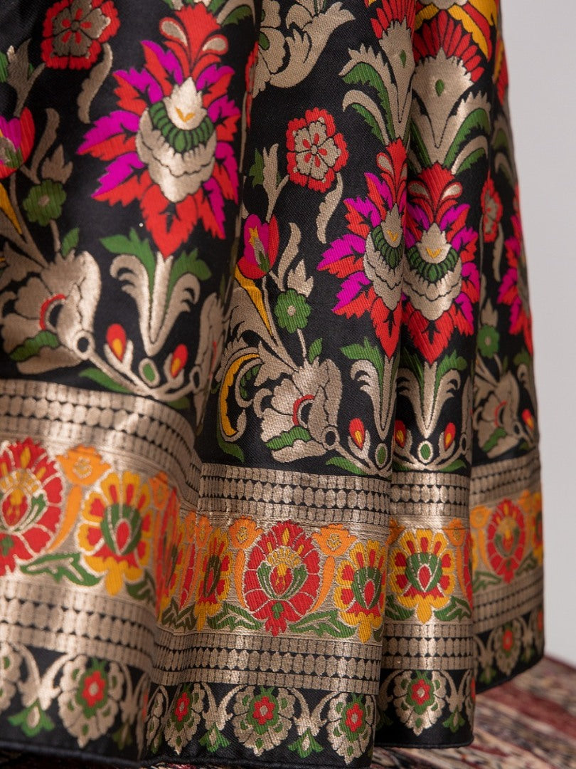 Black jacquard silk heavy floral weaving work crop top lehenga