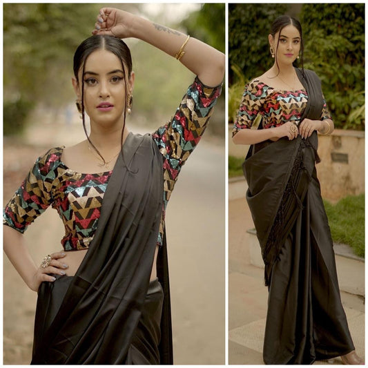 Black japan satin plain partywear saree with heavy sequence blouse