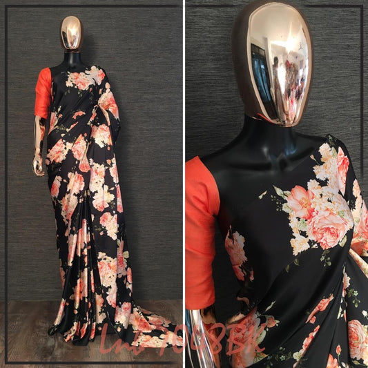 Black japan satin silk digital floral printed saree