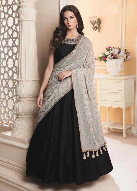 Black kumkum silk handworked net partywear gown with embroidered dupatta