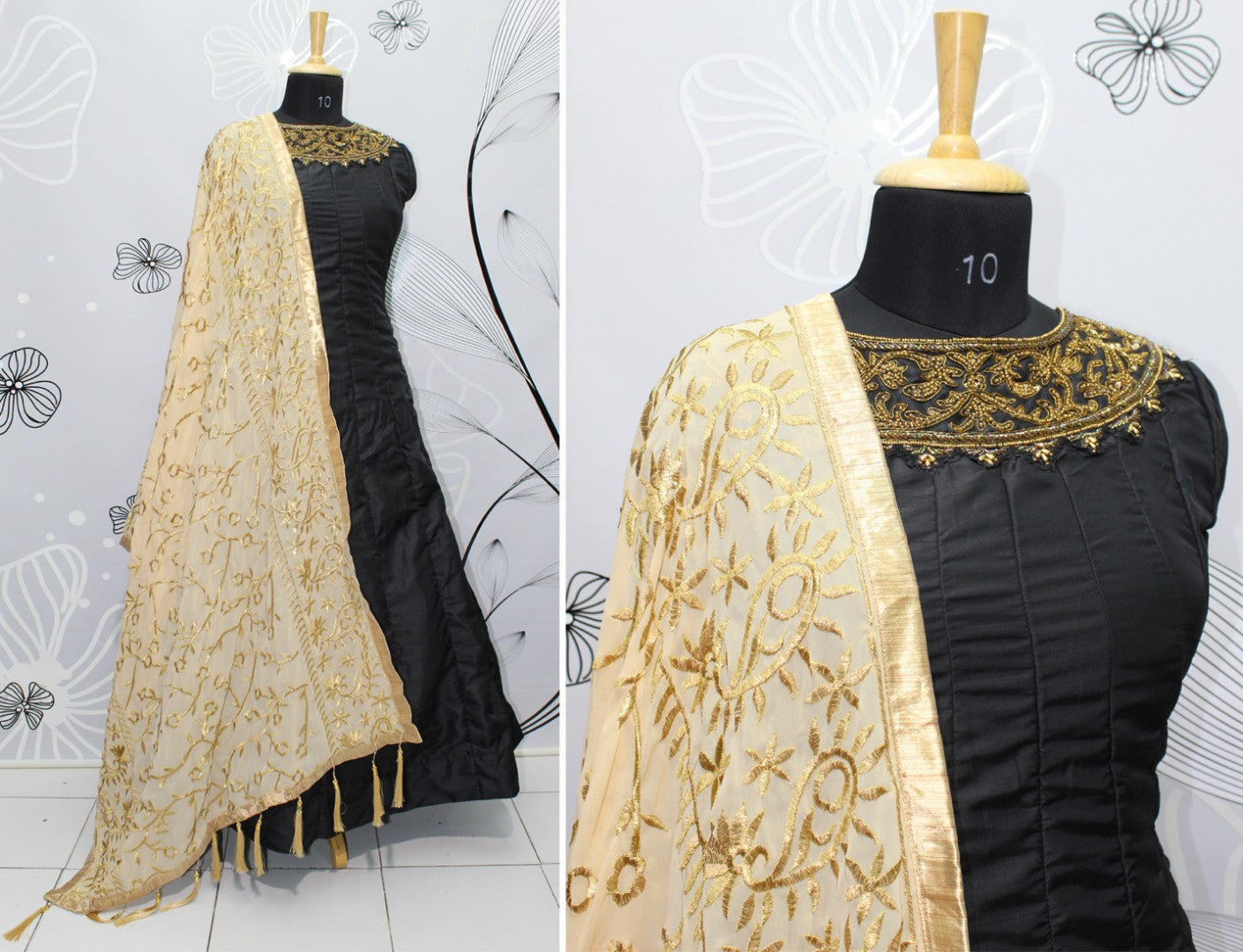 Black kumkum silk handworked net partywear gown with embroidered dupatta
