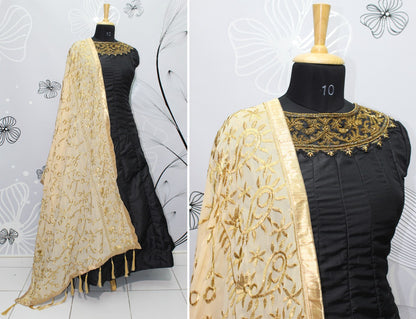 Black kumkum silk handworked net partywear gown with embroidered dupatta