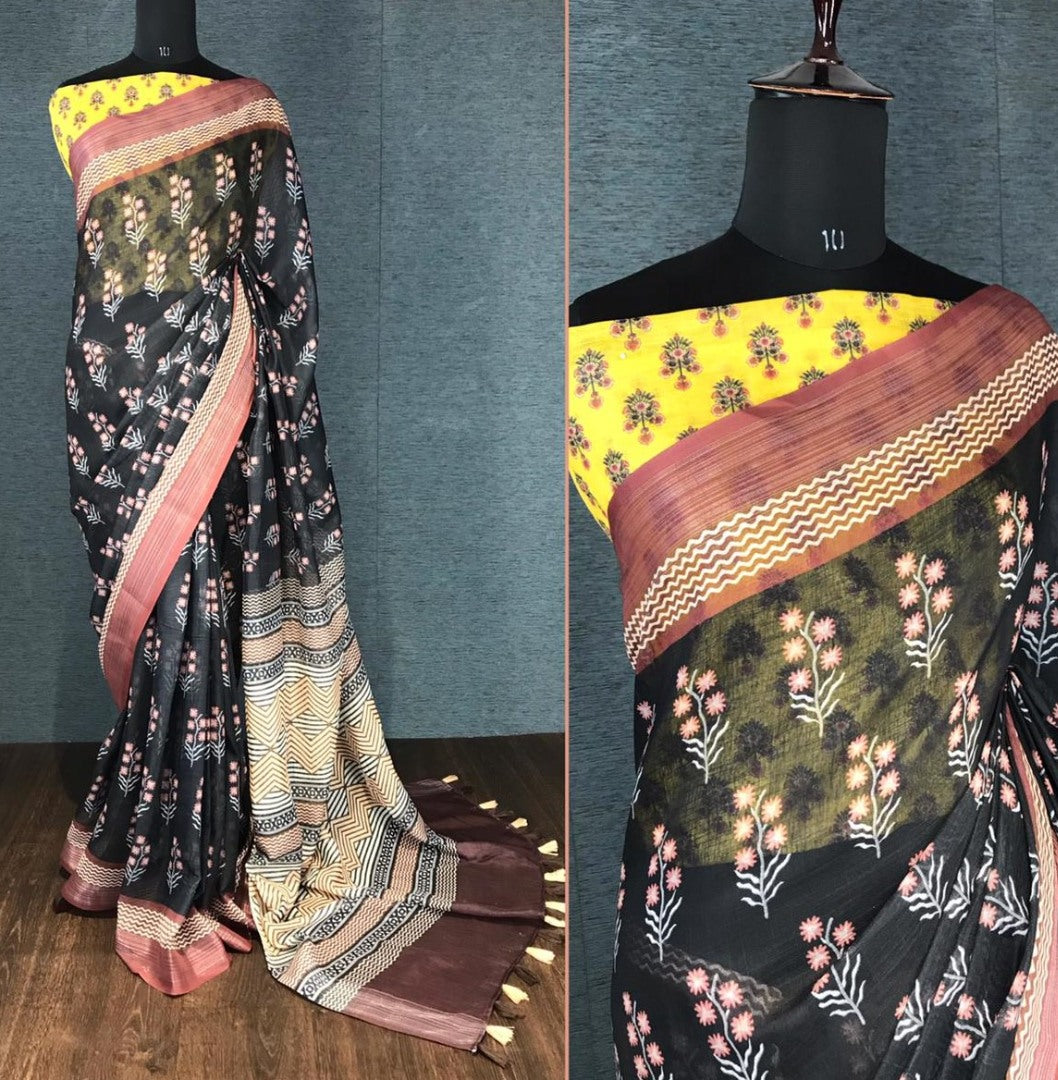 Black linen digital print with cotton tussles work saree