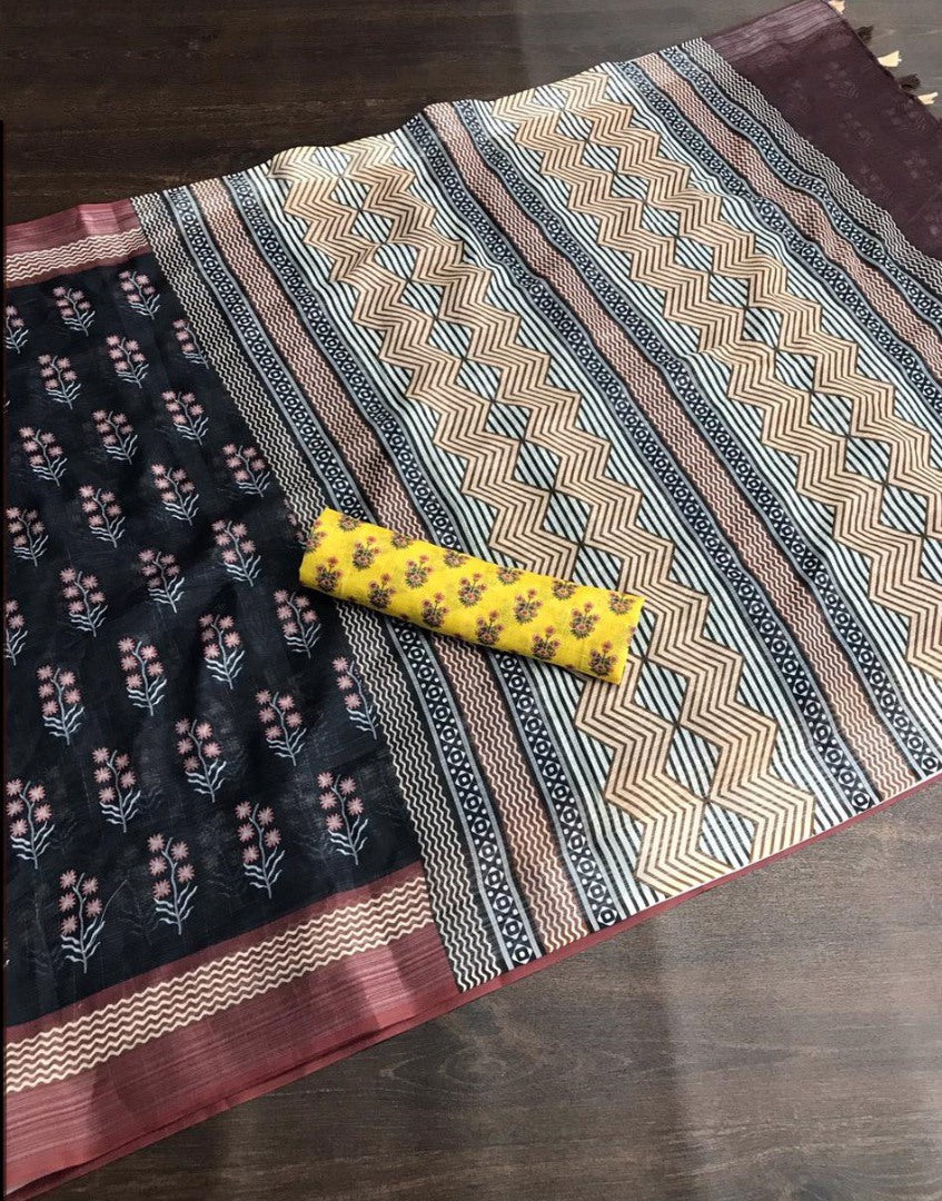 Black linen digital print with cotton tussles work saree