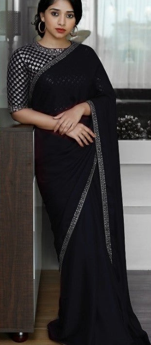 Black malai georgette silk partywear saree