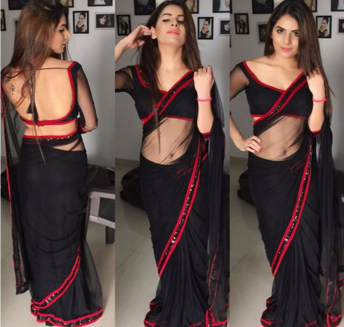 black mono net partywear saree