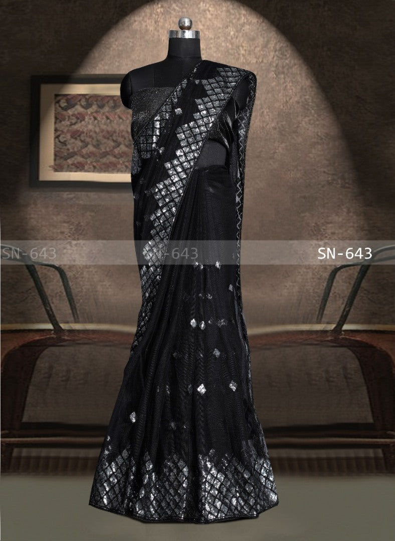 Black mono net sequence worked designer partywear saree