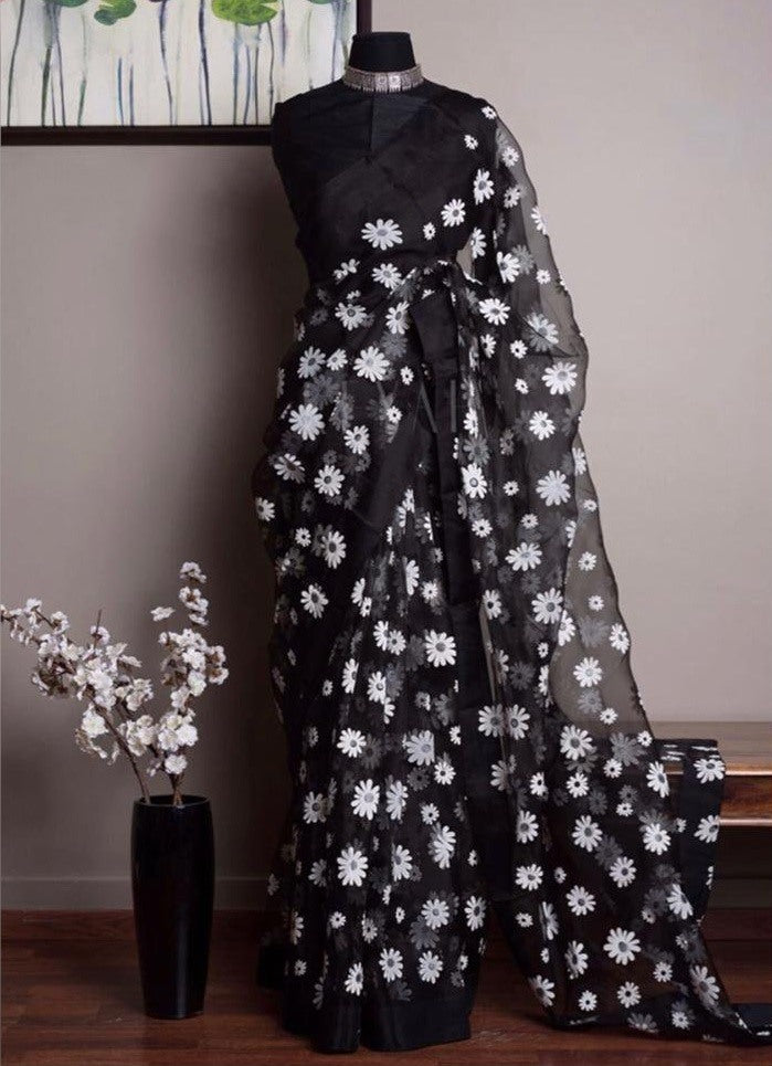 Black mono net white threadworked beautiful saree