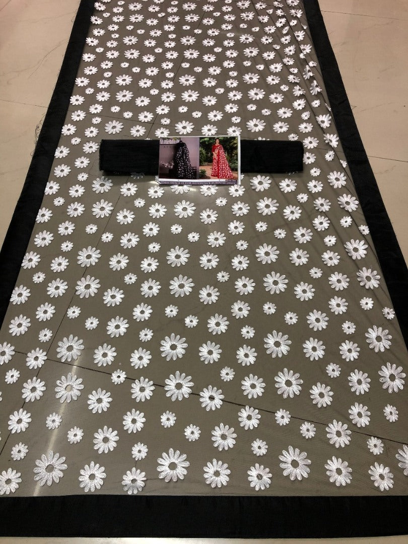 Black mono net white threadworked beautiful saree