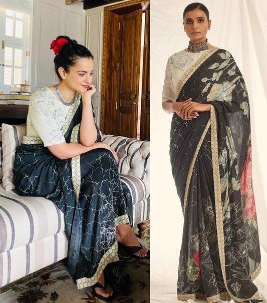 Black moss digital printed designer saree