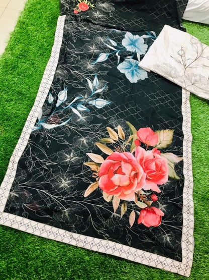 Black moss digital printed designer saree