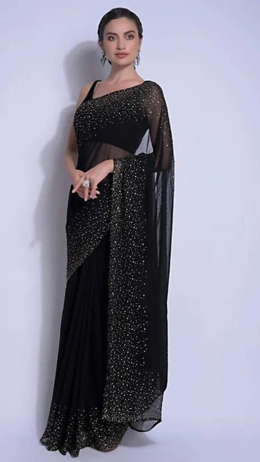Black moss georgette fix crystal work saree