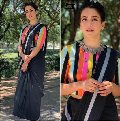 Black moss satin partywear saree with multicolored blouse