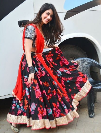black multicolor printed crep loveyatri festival wear lehenga choli