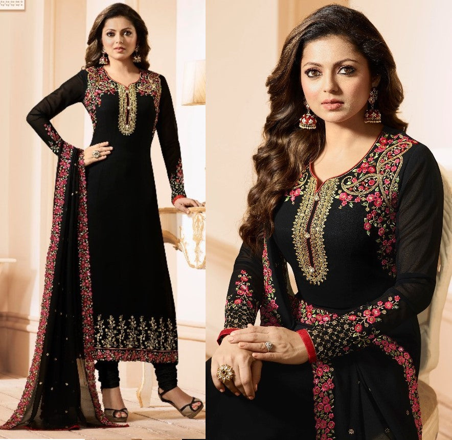 Black multicolor threadwork designer churidar salwar suit
