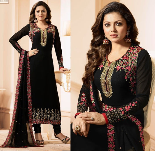Black multicolor threadwork designer churidar salwar suit