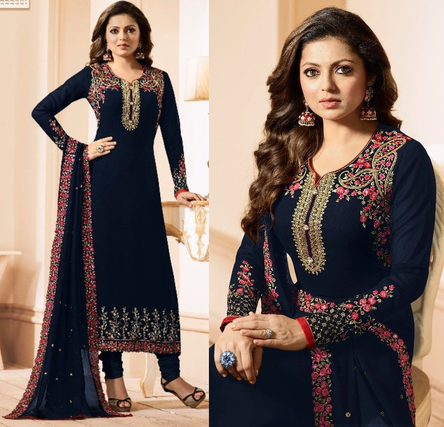 Black multicolor threadwork designer churidar salwar suit