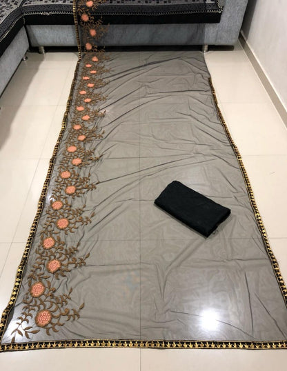 Black net designer embroidered partywear saree