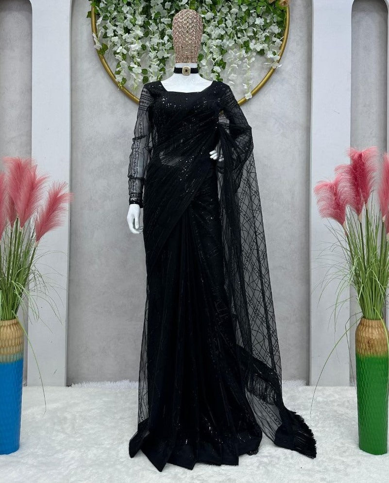 Black net designer party wear saree