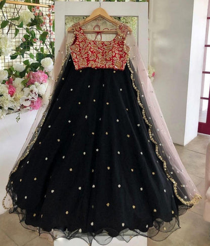 Black net embroidered partywear lehenga choli