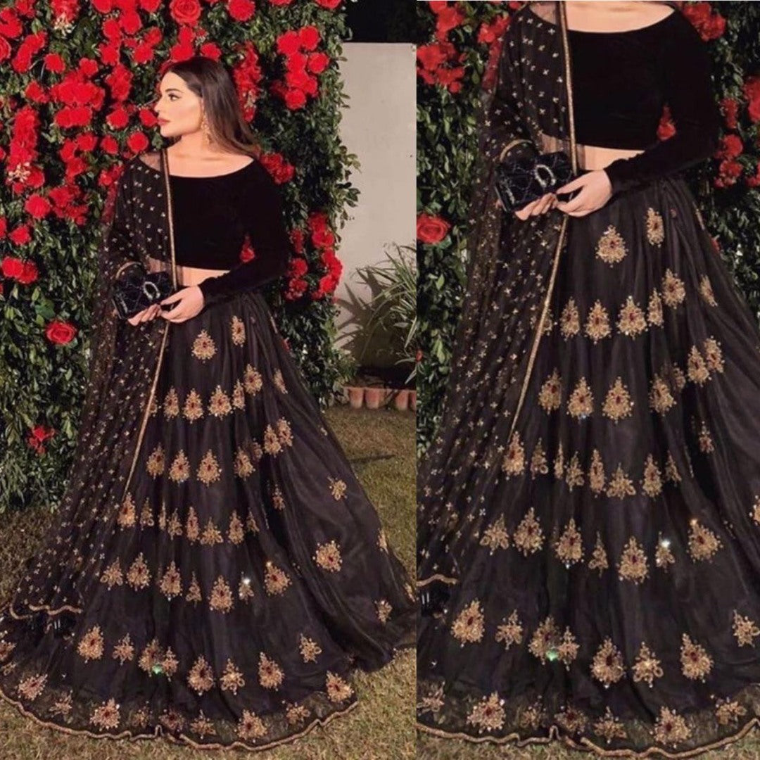 Black net embroidery worked wedding lehenga choli
