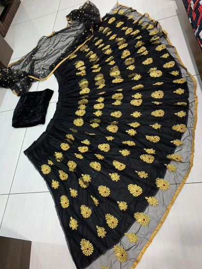 Black net embroidery worked wedding lehenga choli