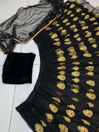 Black net embroidery worked wedding lehenga choli
