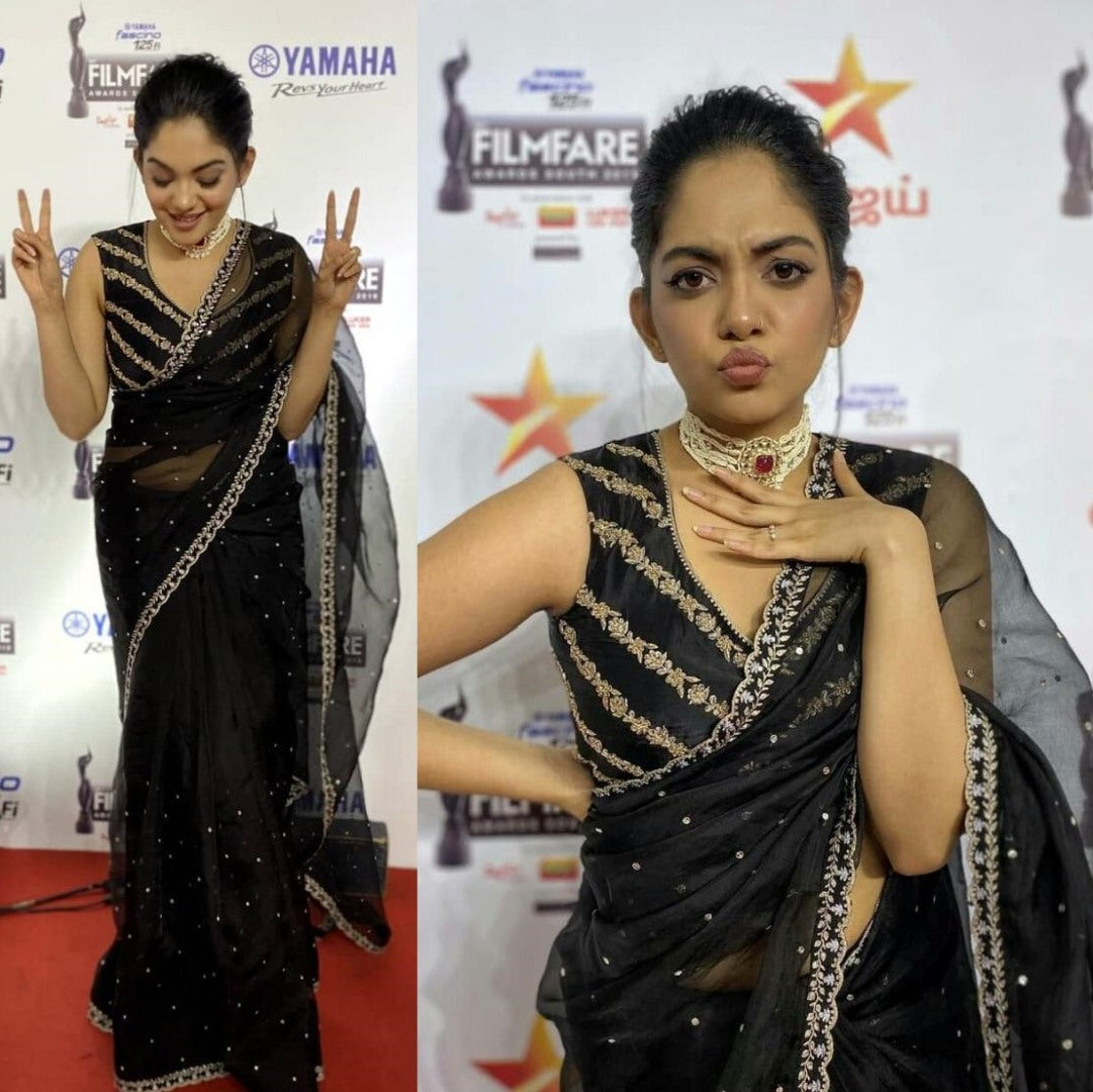 Black net fancy thread work partywear saree