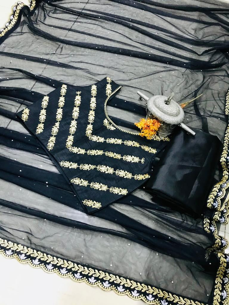 Black net fancy thread work partywear saree