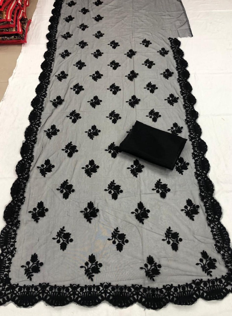 Black net heavy embroidered saree