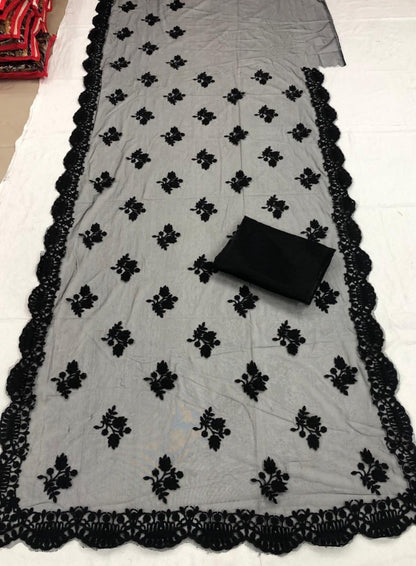 Black net heavy embroidered saree
