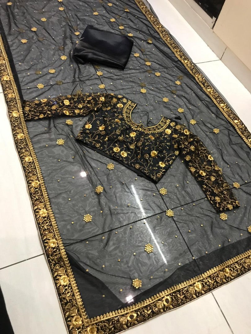 black net heavy embroidered wedding saree