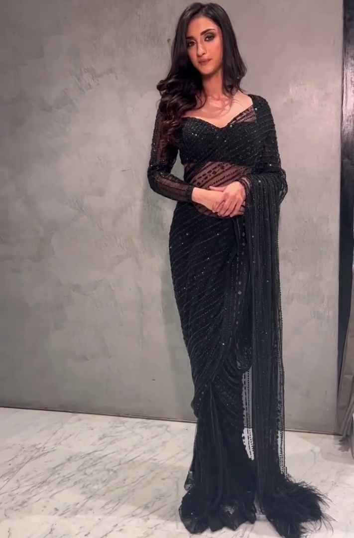 Black net heavy sequence and thread embroidered party wear saree