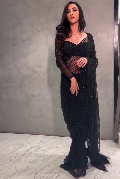 Black net heavy sequence and thread embroidered party wear saree