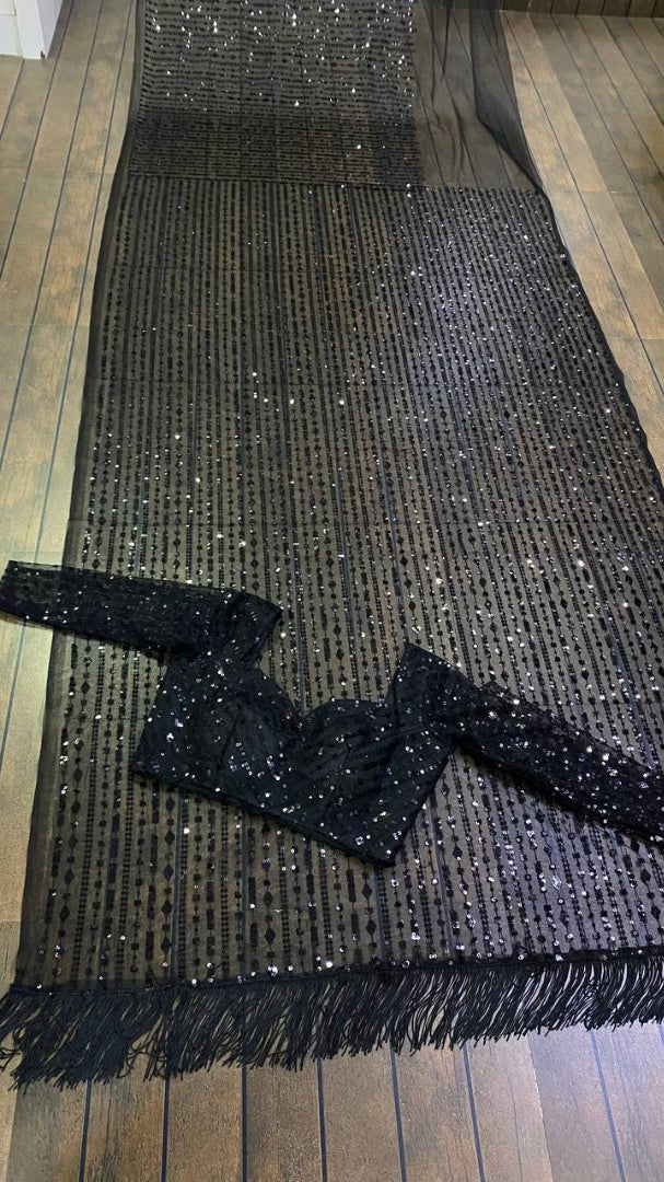 Black net heavy sequence and thread embroidered party wear saree