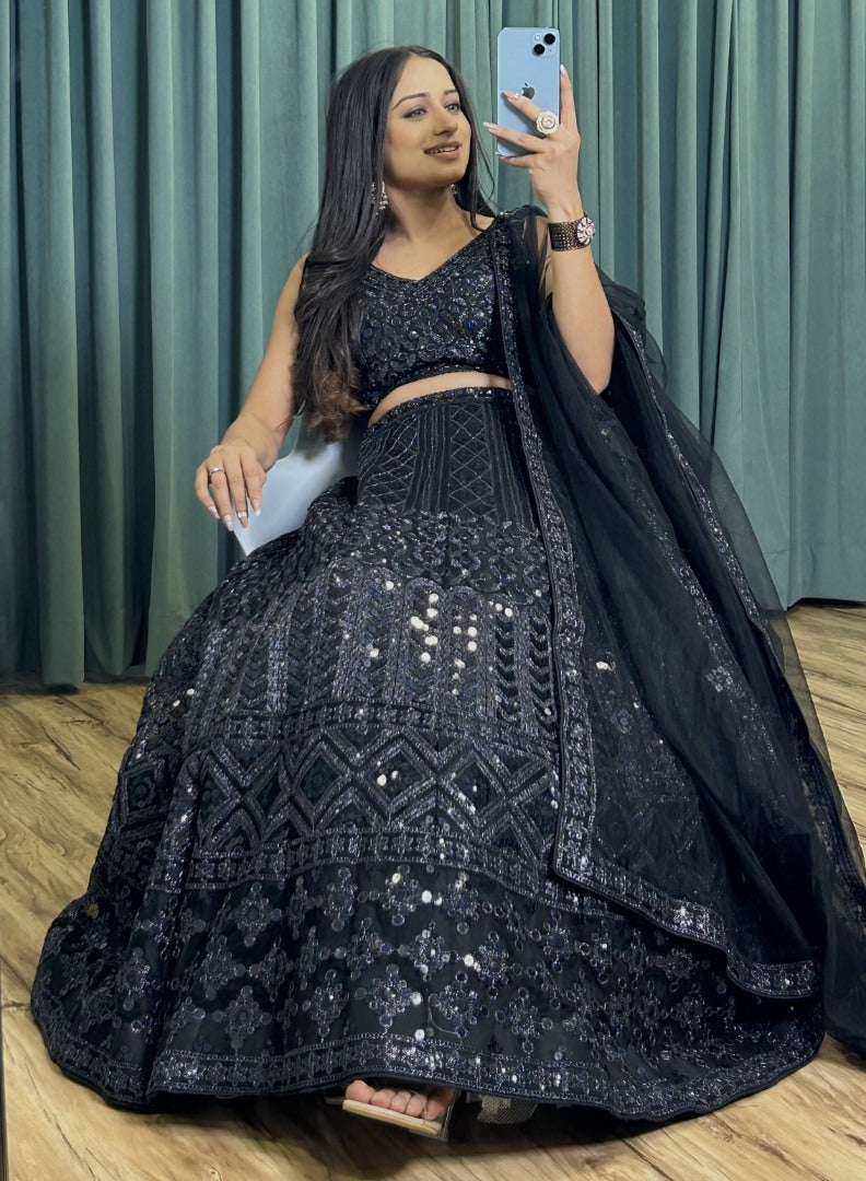 Black net heavy work ceremonial lehenga choli