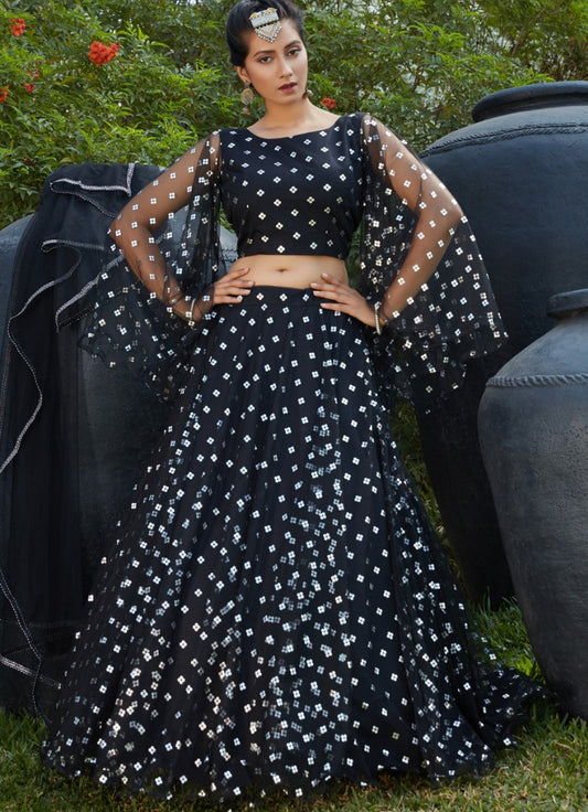 Black net metallic foil printed party wear lehenga choli