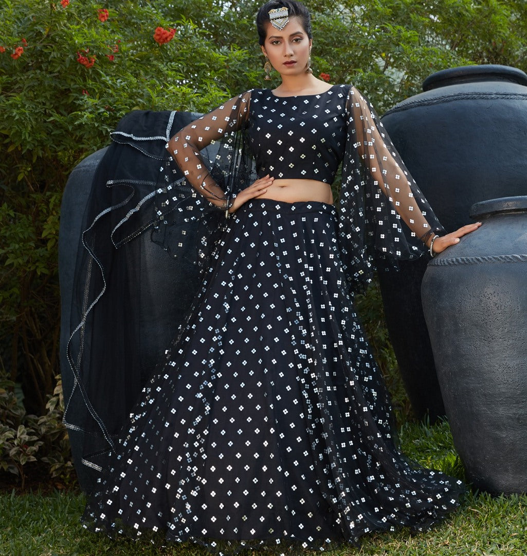 Black net metallic foil printed party wear lehenga choli