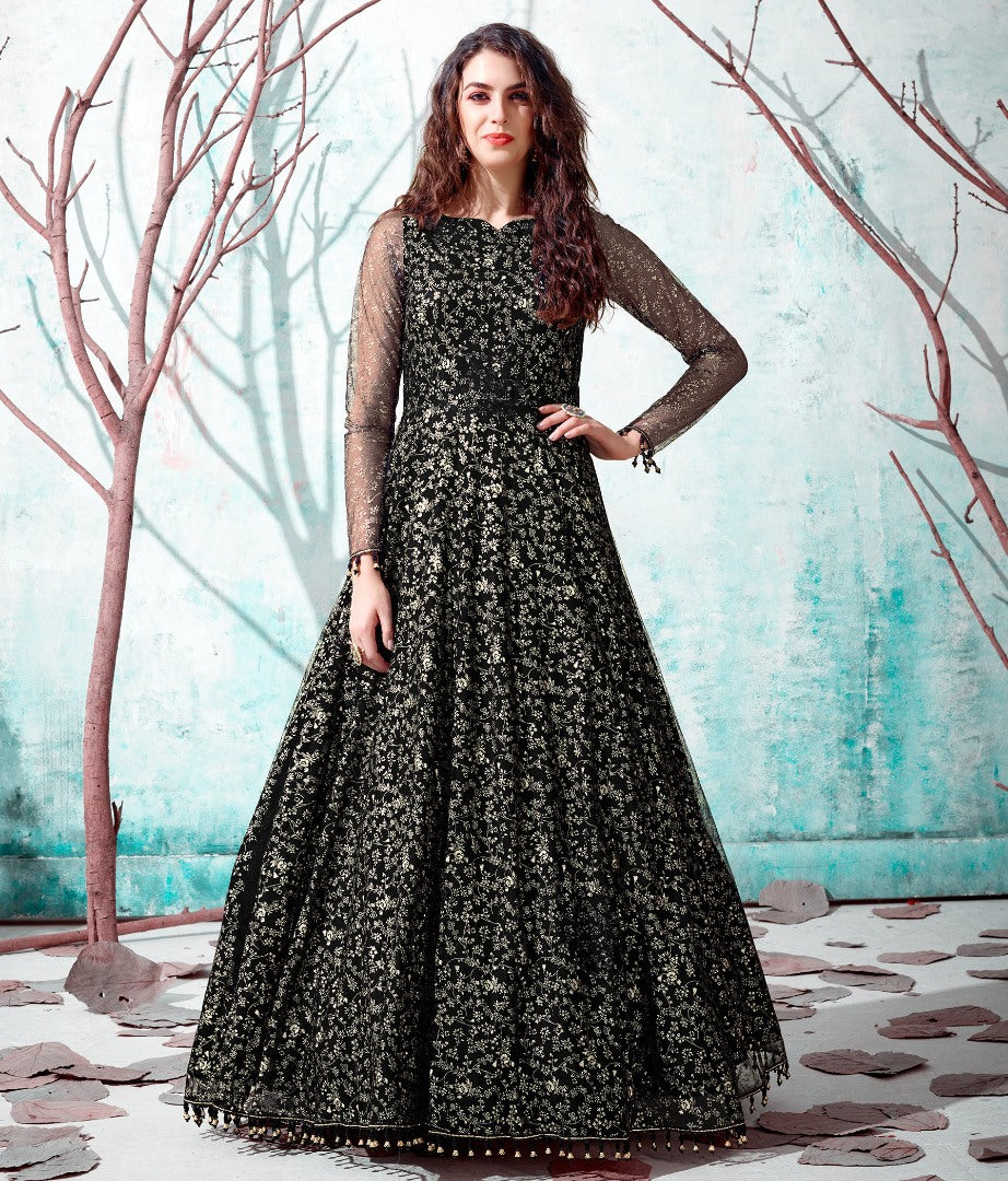 Black net metallic foil work party wear designer gown