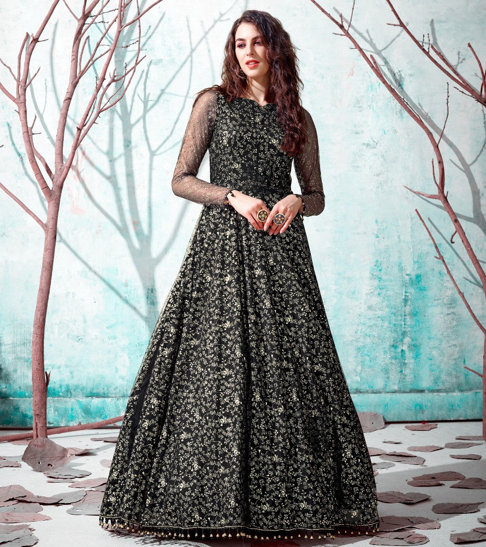 Black net metallic foil work party wear designer gown