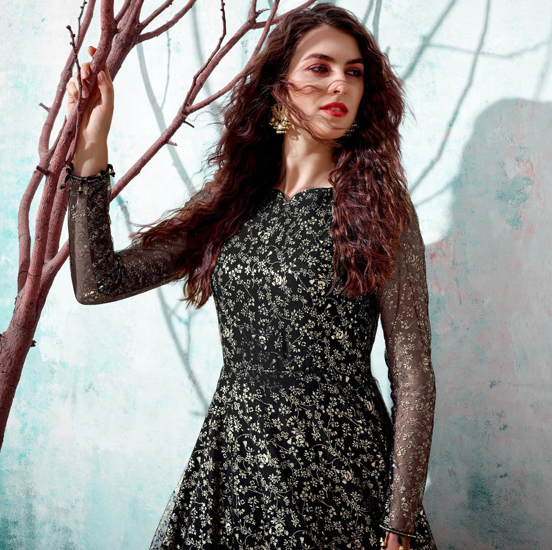 Black net metallic foil work party wear designer gown