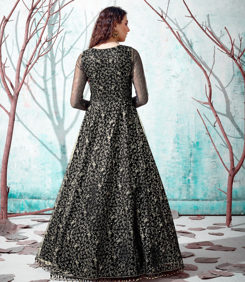 Black net metallic foil work party wear designer gown