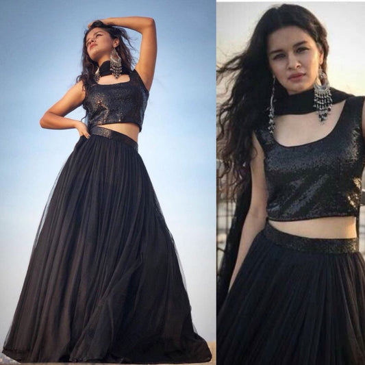 Black net plain partywear lehenga choli
