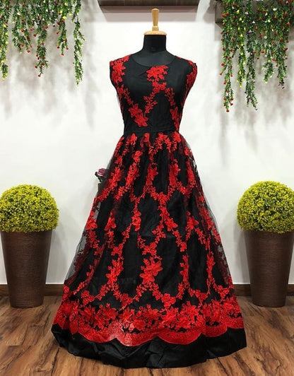 Black net red thread embroidered gown