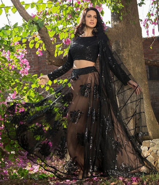 Black net sequence embroidered partywear lehenga choli