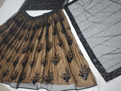 Black net sequence embroidered partywear lehenga choli