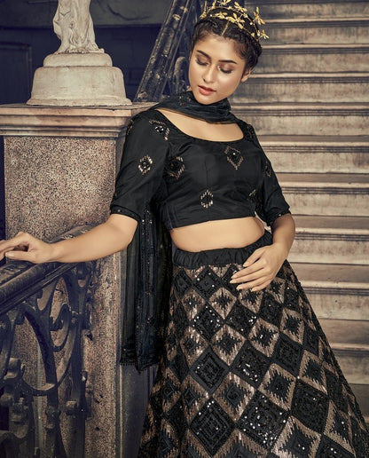Black net sequence embroidered work wedding and party wear lehenga choli