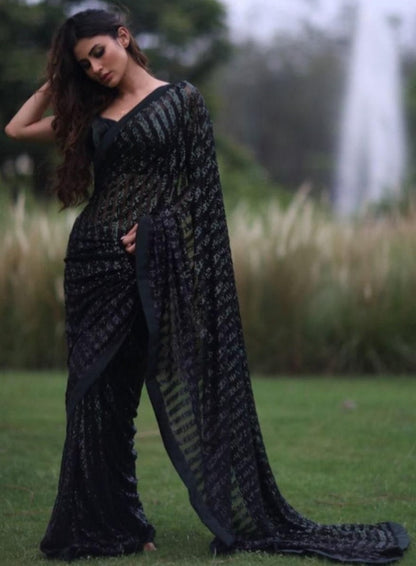 Black net sequence work bollywood saree